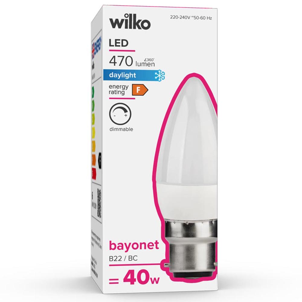 Wilko 1 pack Bayonet B22/BC LED 6W 470 Lumens Dimm able Daylight Candle Light Bulb Image 1