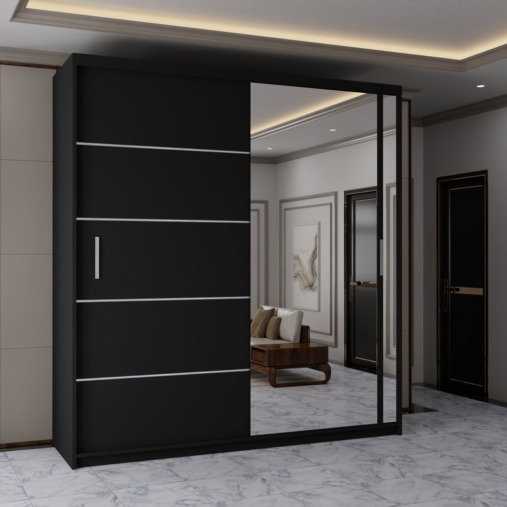 Sliding Wardrobes 4U 2 Sliding Door Black Modern Wide Mirrored Wardrobe 203cm Image 3