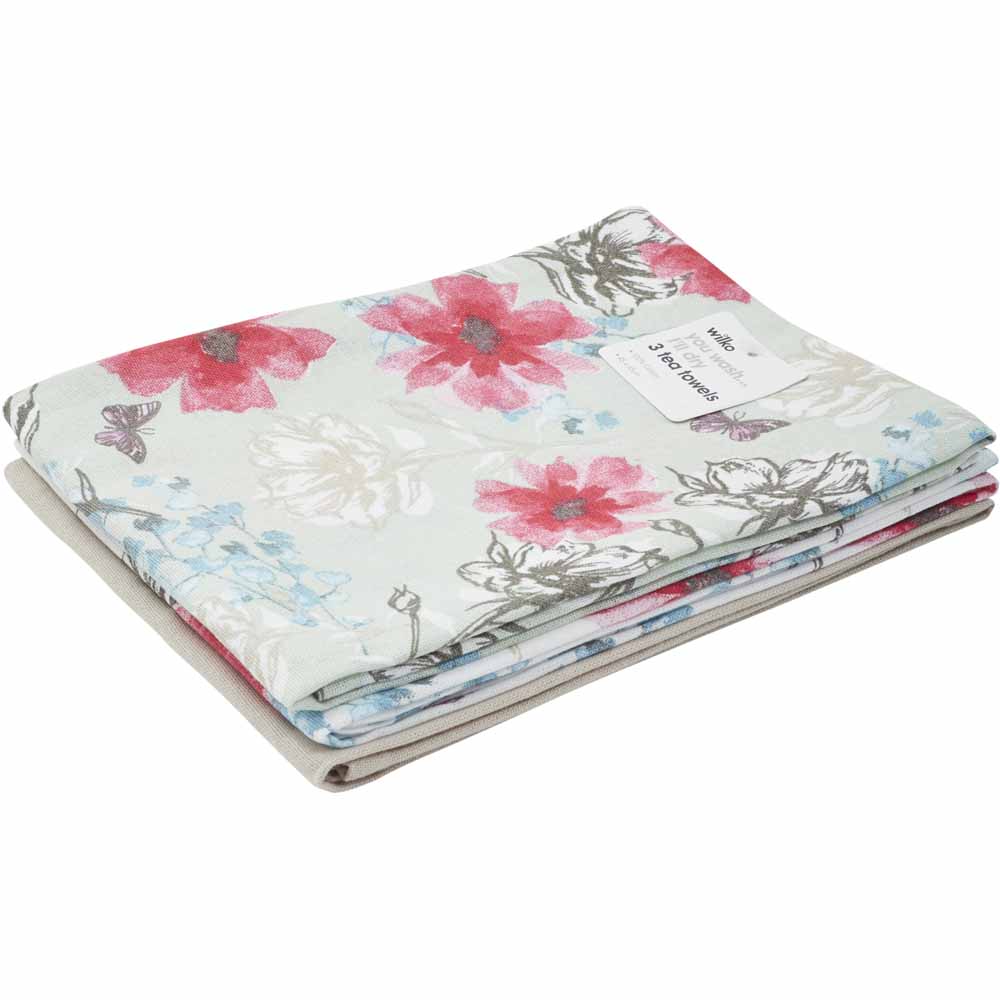 Wilko Sketched Bloom Tea Towels 3pk Image 2