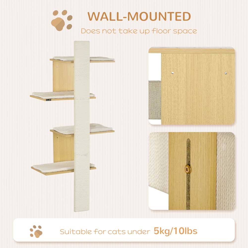 PawHut Four-Layer Cat Shelf Wall-Mounted Cat Tree w/ Cushions, Scratching Board Image 5