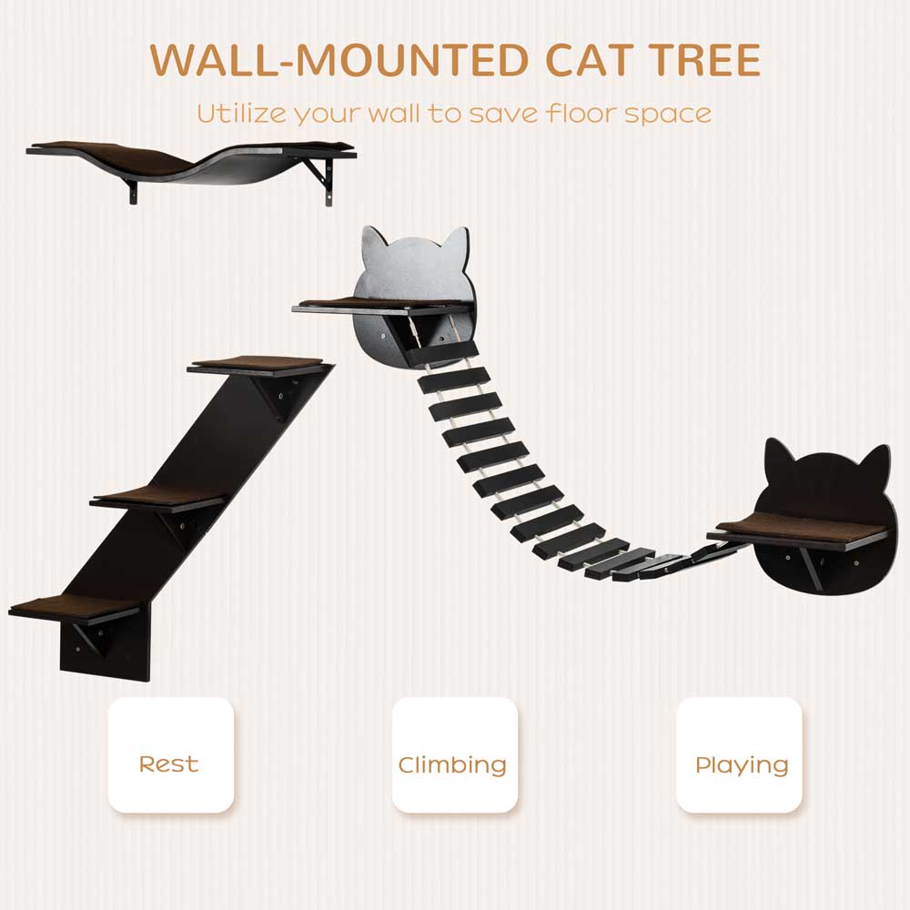 PawHut 3 PCs Wall Mounted Cat Tree Cat Shelves Climbing Shelf Set - Brown Image 6