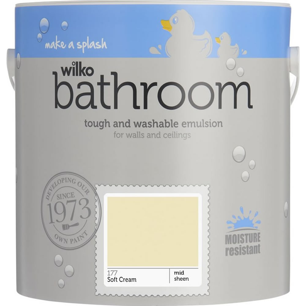 Wilko Bathroom Soft Cream Mid Sheen Emulsion Paint  2.5L Image 1