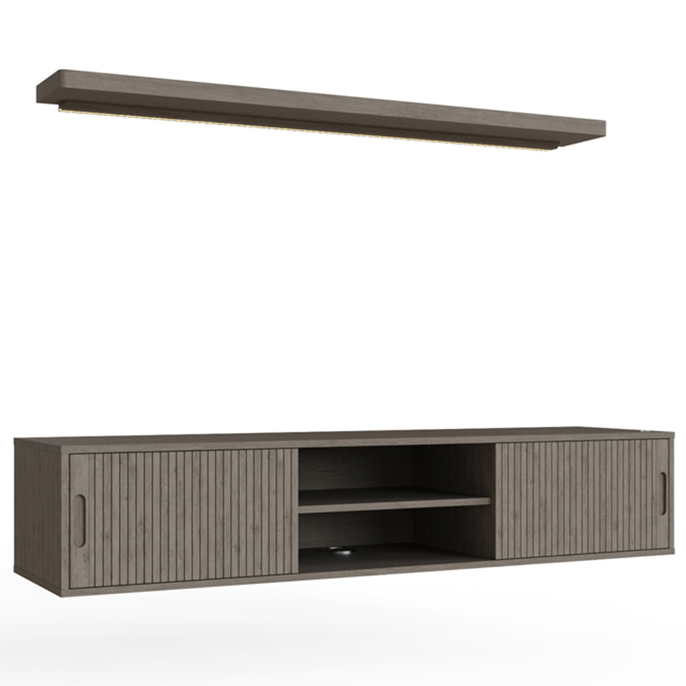 GFW Nina 2 Door 2 Shelf Grey Wall Mounted TV Unit with LED Wall Shelf Image 2