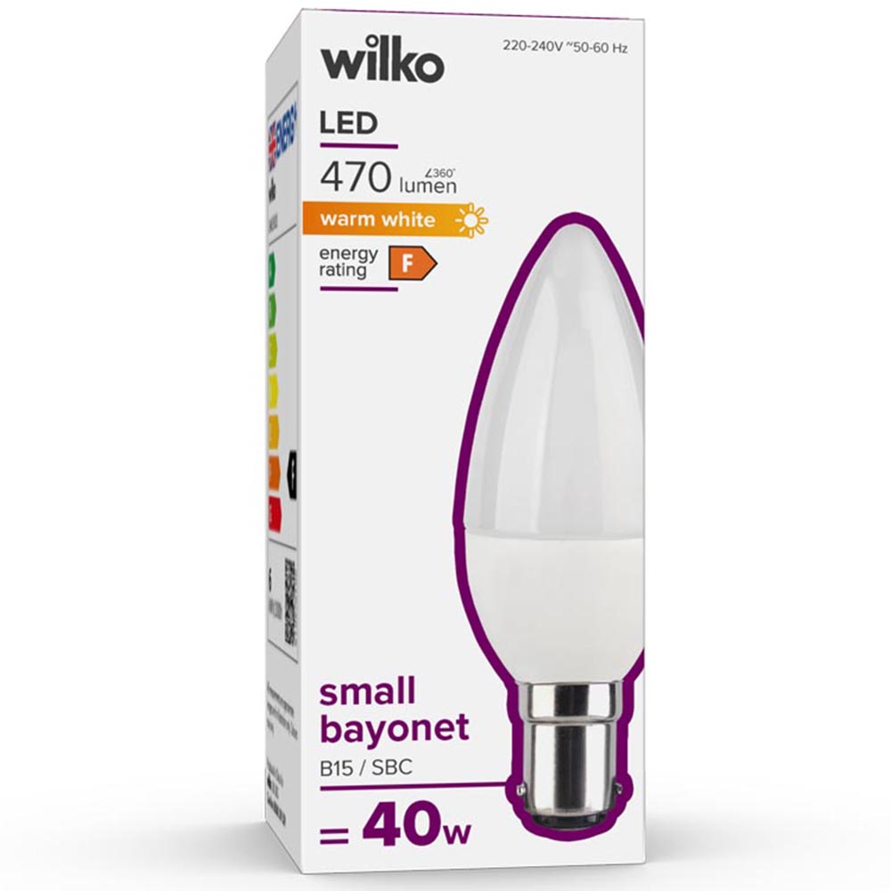 Wilko 1 Pack Small Bayonet B15/SBC LED 470 Lumens Candle Light Bulb Image 1