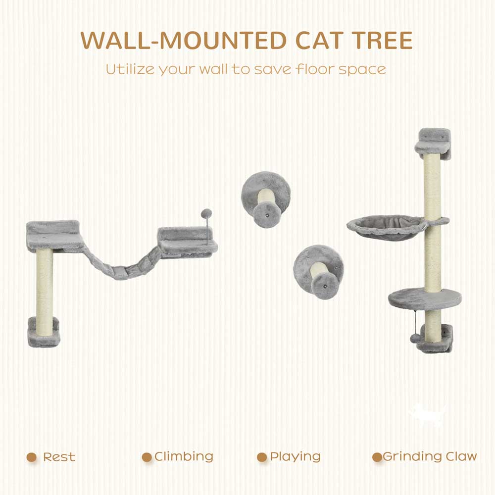 PawHut Cat Wall Furniture with Hammock, Perches, Ladder, Scratching Post, Grey Image 6