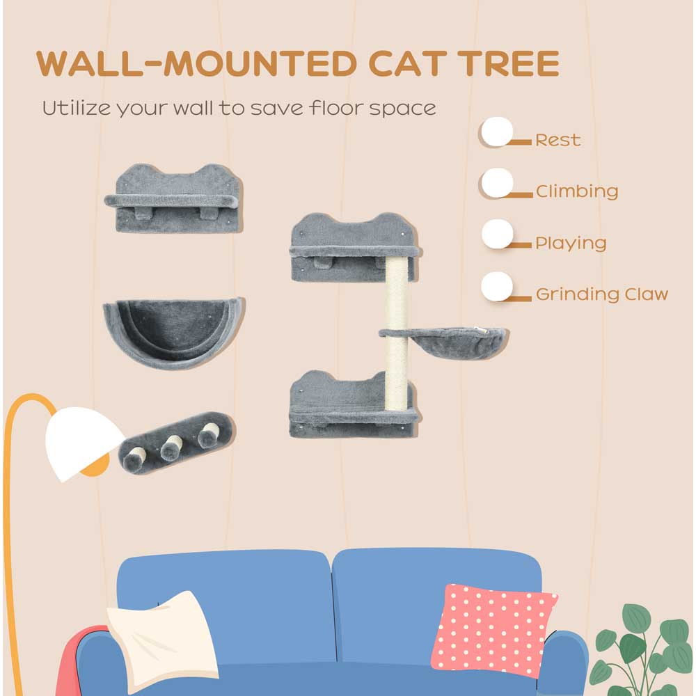 PawHut 4PCs Wall Mounted Cat Tree Cat Wall Shelves W/ Scratching Post Grey Image 6