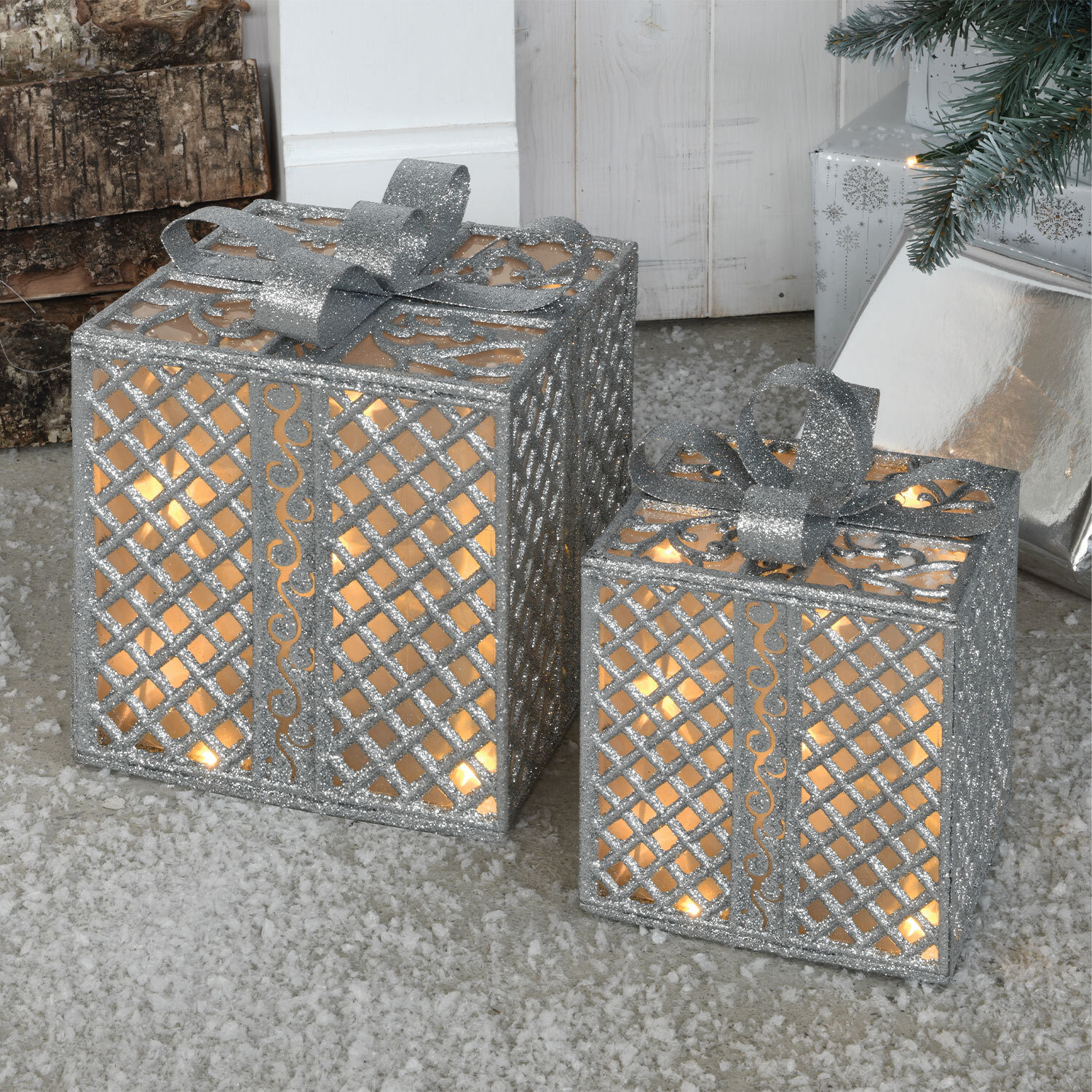 Platinum Eternity LED Silver Christmas Presents Christmas Decoration Set of 2 Image 2