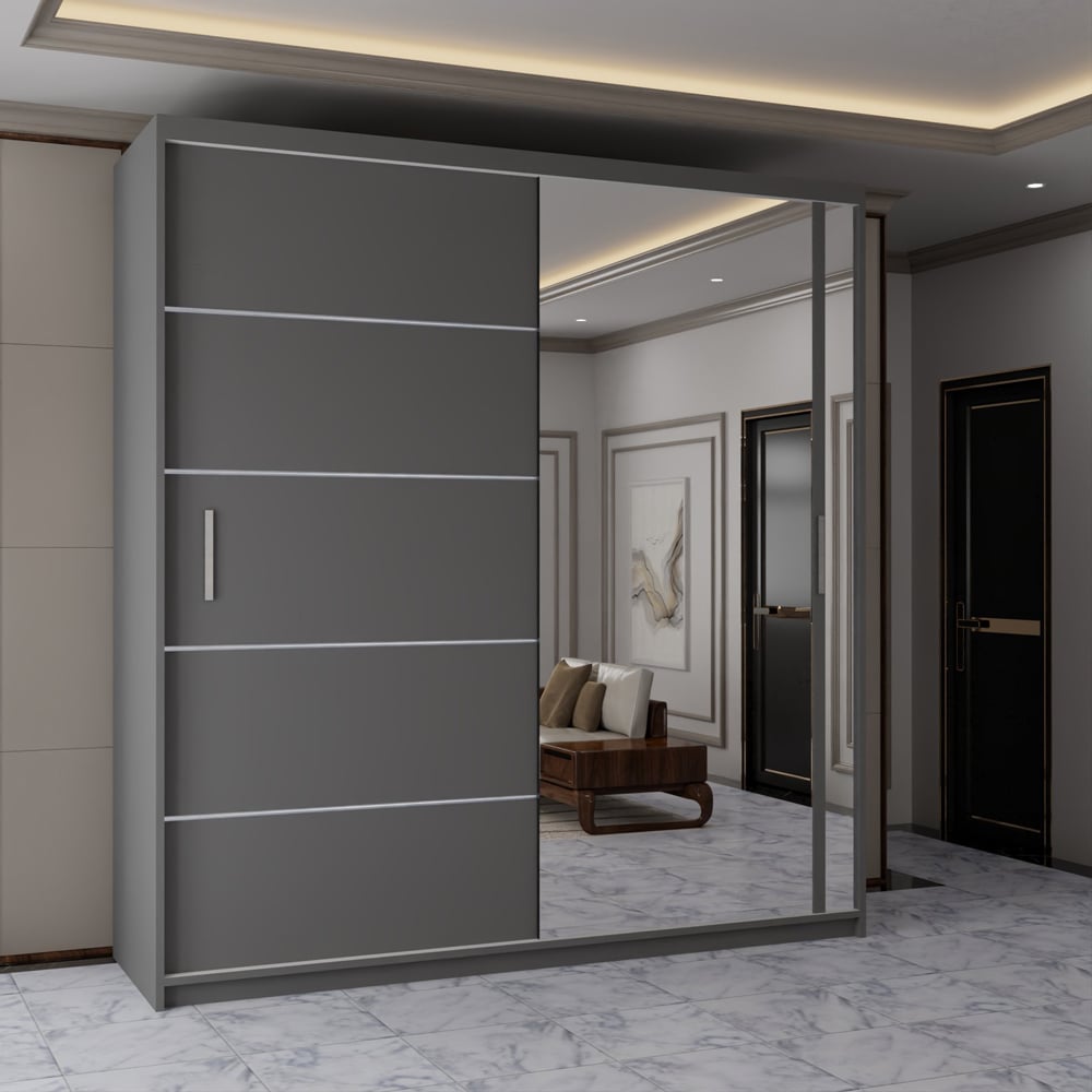 Sliding Wardrobes 4U 2 Sliding Door Grey Modern Wide Mirrored Wardrobe 203cm Image 3
