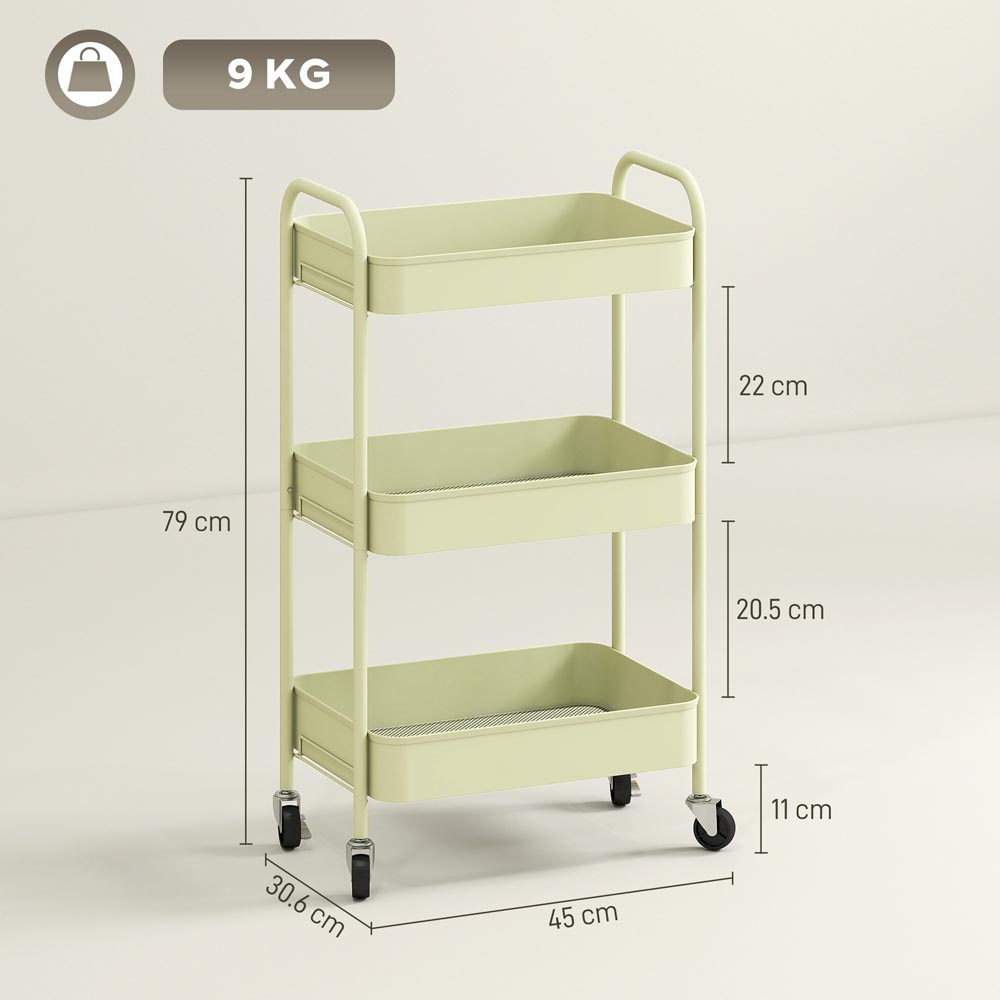 HOMCOM 3-Tier Green Mesh Basket Rolling Utility Cart Image 9