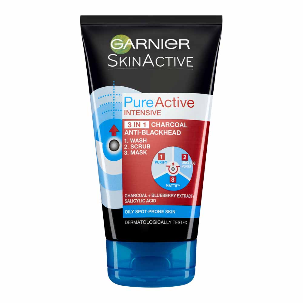 Garnier Pure Active 3in1 Charcoal Blackhead Face Wash Scrub 150ml Image 1