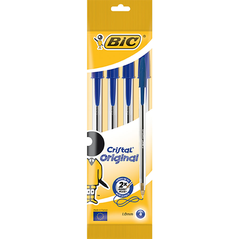 Bic Cristal Original Blue Ballpoint Pens 4 pack  - wilko The BIC Cristal Original offers a comfortable writing performance. The BIC Cristal Original offers a comfortable writing performance with 3,000m* of writing length on average. A stationery essential , these high quality pens offer a 1.0mm tip and line width of 0.4mm to give you the control and accurate application you need. The clear barrel makes it easy to see when ink is running low. Available in a handy pouch of four the BIC Cristal Originals in blue are perfect for the office, home or school.  *for blue and black pens Source: SGS tests 2012/2013 for blue and black ink.