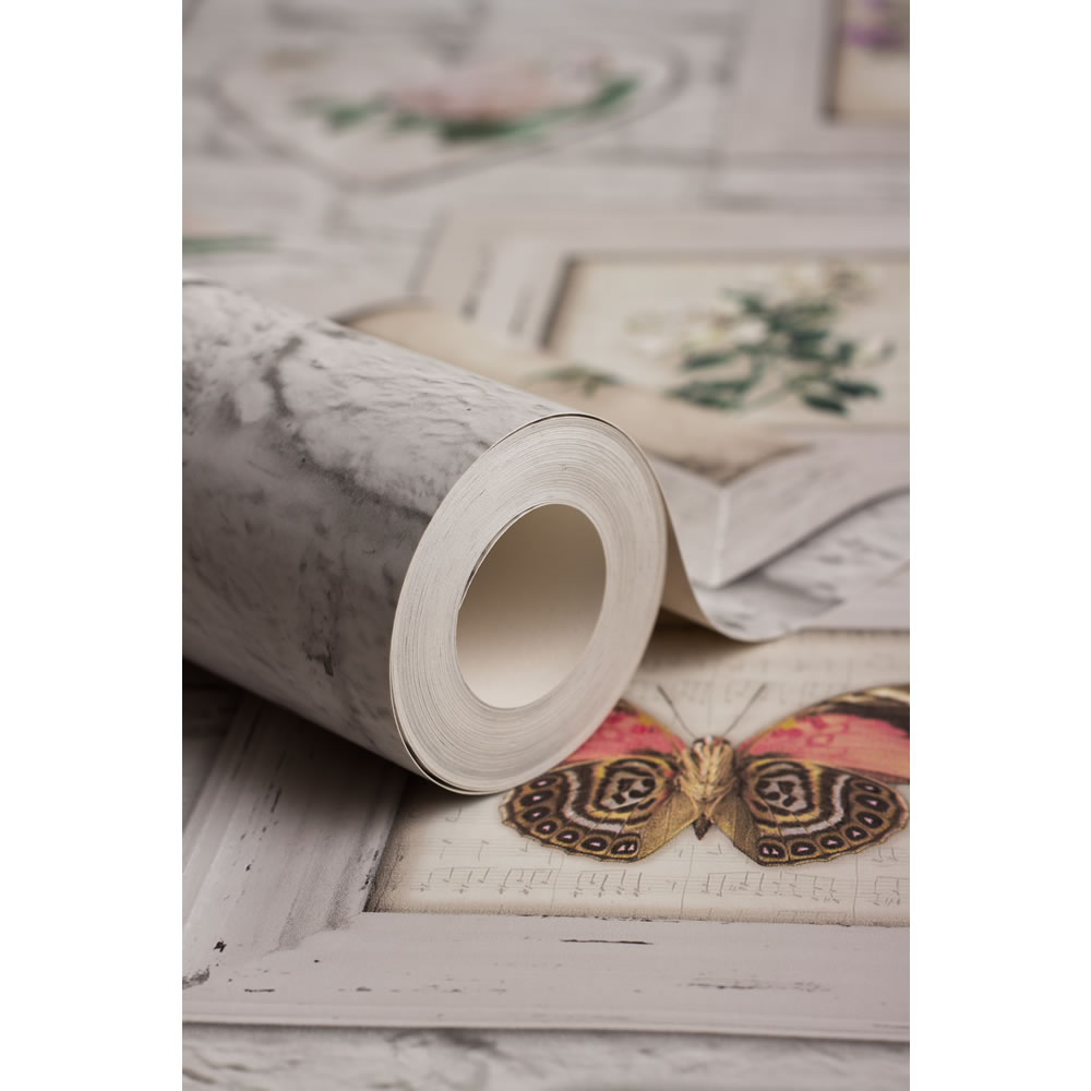 Fresco Brick Print With Floral Frames Wallpaper White Multi 51-073