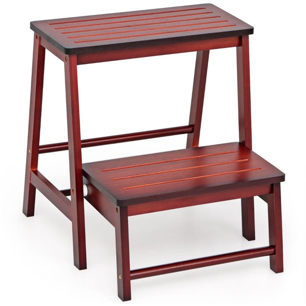 Costway 2 Step Red Bamboo Footstool Ladder Image 2