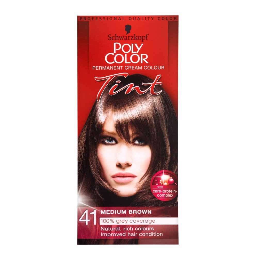 Schwarzkopf Poly Color Medium Brown 41 Permanent Hair Dye  - wilko Achieve a rich, natural shade with Schwarzkopf Poly Color Tint 41 Medium Brown. Poly Color Tint professional quality permanent hair colour offers natural  looking  colours with 100% grey coverage. The highly concentrated colour pigments penetrate deeply into the hair structure to ensure a rich, long-lasting colour  result, even  on grey or white hair. The Keratin Hair Strengthener strengthens the keratin structure of the hair while colouring. For healthy, strengthened hair.   The  colour result depends upon your natural hair colour. For long or thick hair we recommend using two packs. Please always read the enclosed  instruction leaflet  thoroughly before use.  Conduct an allergy alert test 48 hours before each time you colour, even if you have already used  colouring products before. So  remember to buy the product 48 hours in advance.Pack contains 1x each 50ml colour cream, 40ml developer lotion  and pair colourist gloves. Permanent  colour. One application. Caution; contains resorcinol, phenylenediamines and hydrogen peroxide. Warning! Hair  colorants can cause severe allergic reactions. Keep  out of reach of children. For external use only. Always read instructions carefully before use.