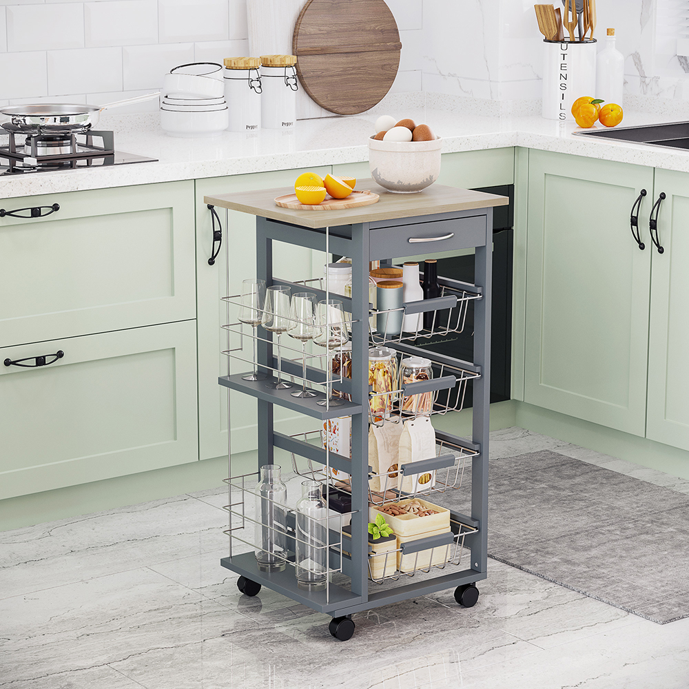 Portland Grey and Wood Rolling Kitchen Storage Cart Image 2