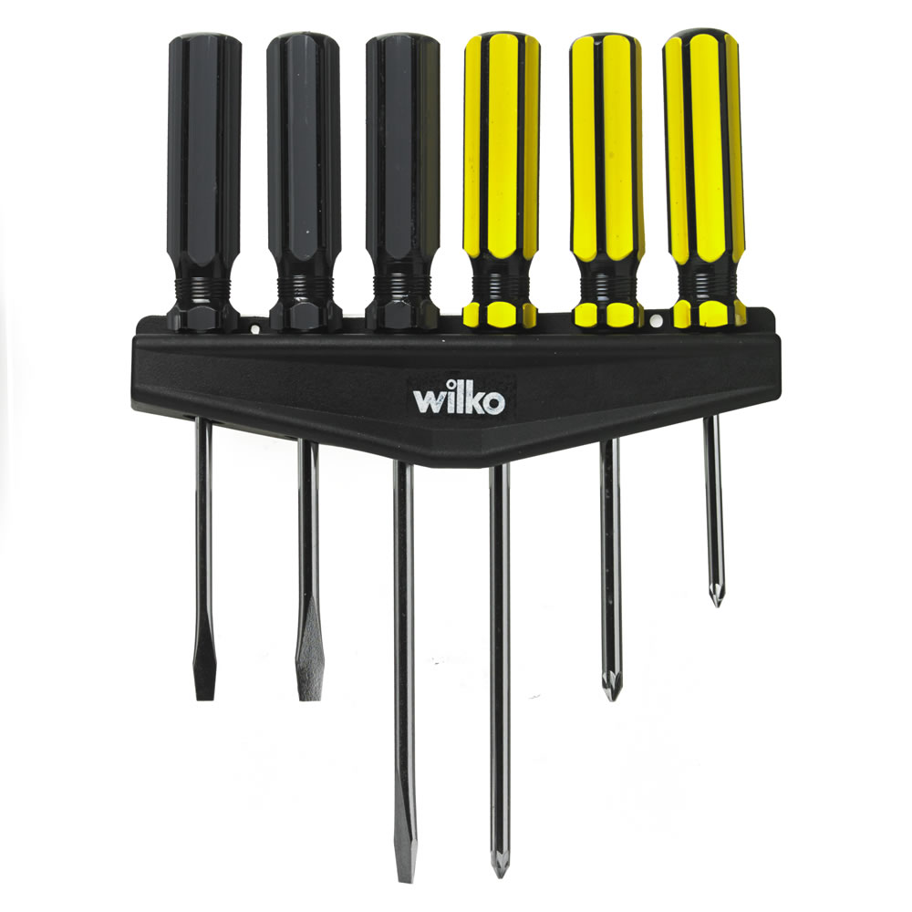 Wilko Screwdriver Set 6 Piece A 6 piece Wilko Screwdriver Set with a wall mountable plastic holder for easy access storage. Contains 3 slotted and 3 cross point screwdrivers. Always read instructions. Wilko Screwdriver Set 6 Piece