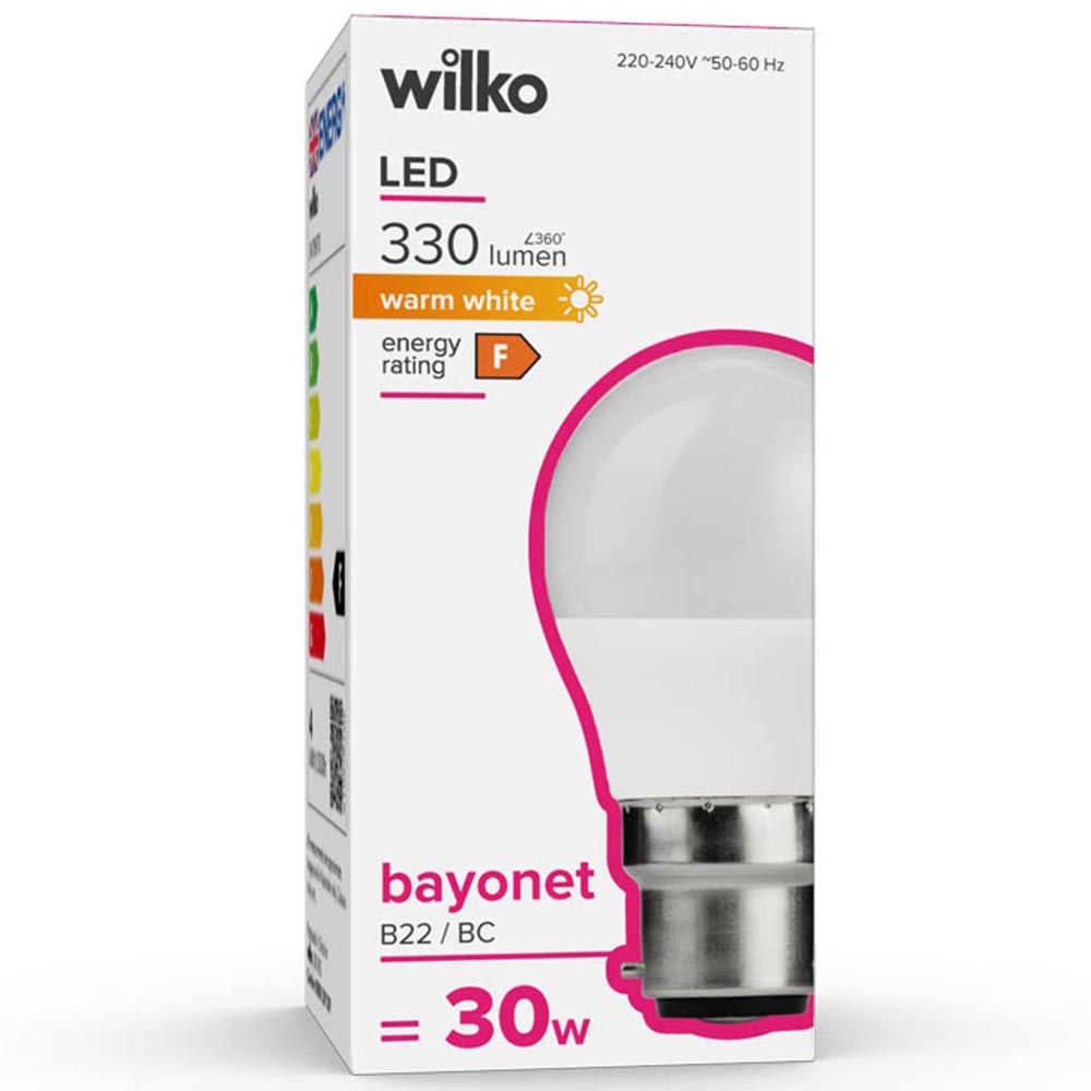 Wilko 1 Pack Bayonet B22/BC LED 330 Lumens Round Light Bulb Image 1