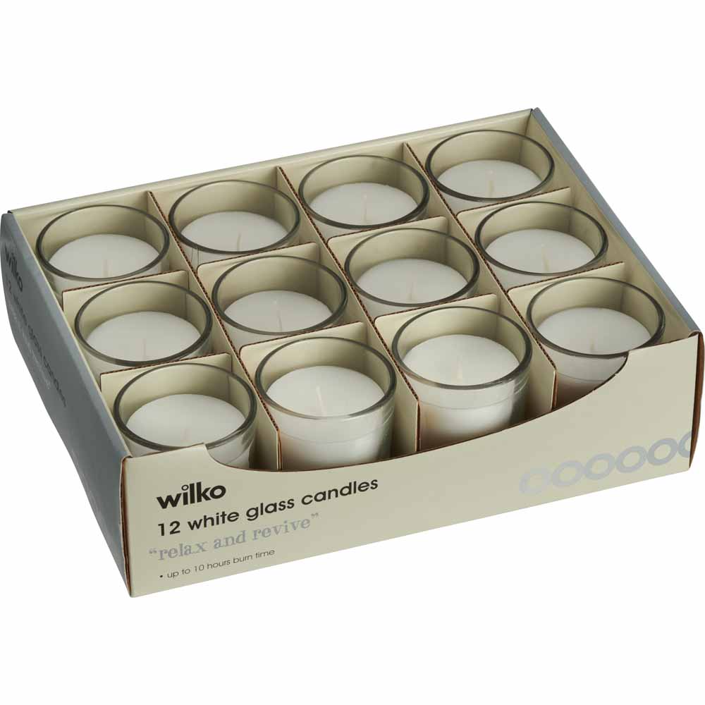 Wilko Votive Glass Candles White 12 Pack Image 1