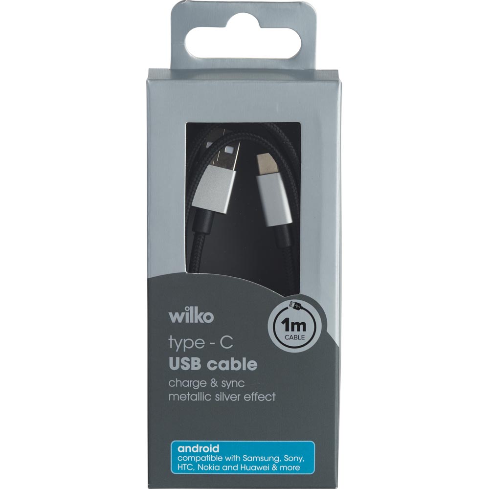 Wilko Type C USB C Silver Braided Cable 1m Image 1