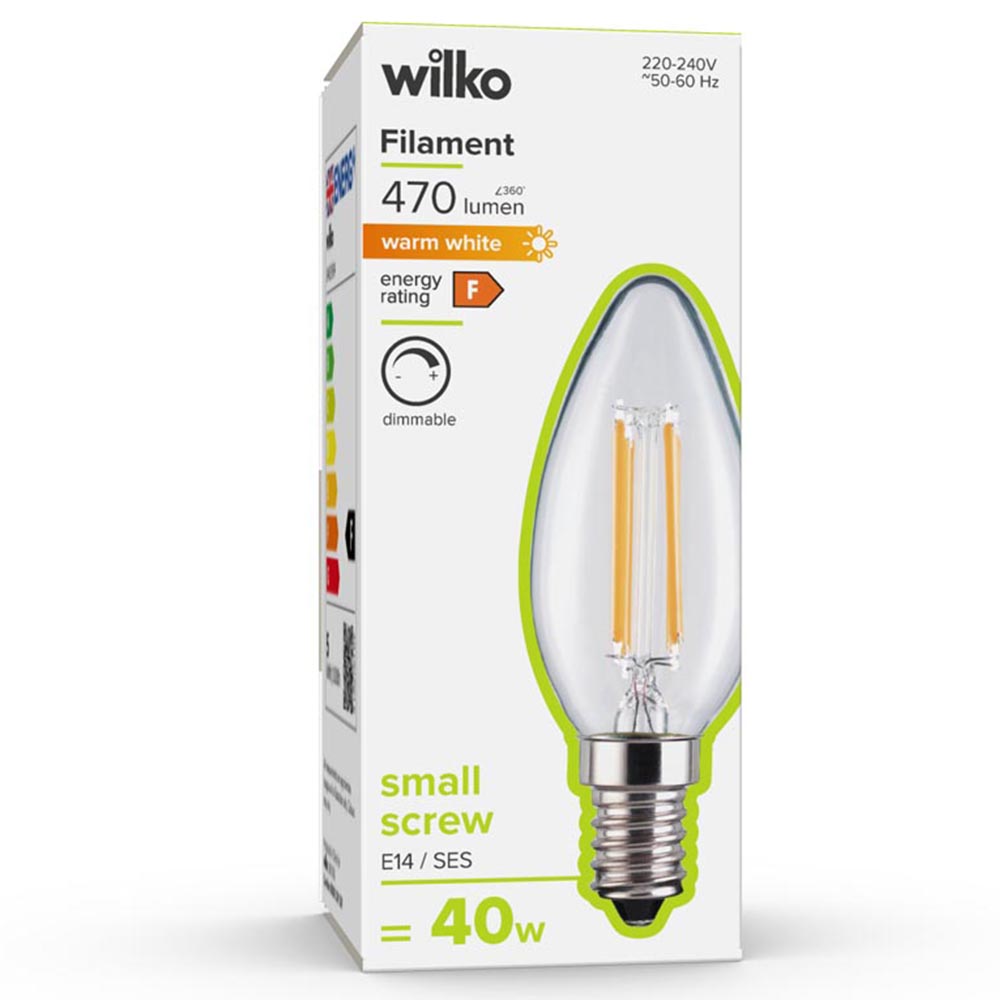 Wilko 1 Pack Small Screw E14/SES LED Filament 470 Lumens Candle Dimmable Light Bulb Image 1