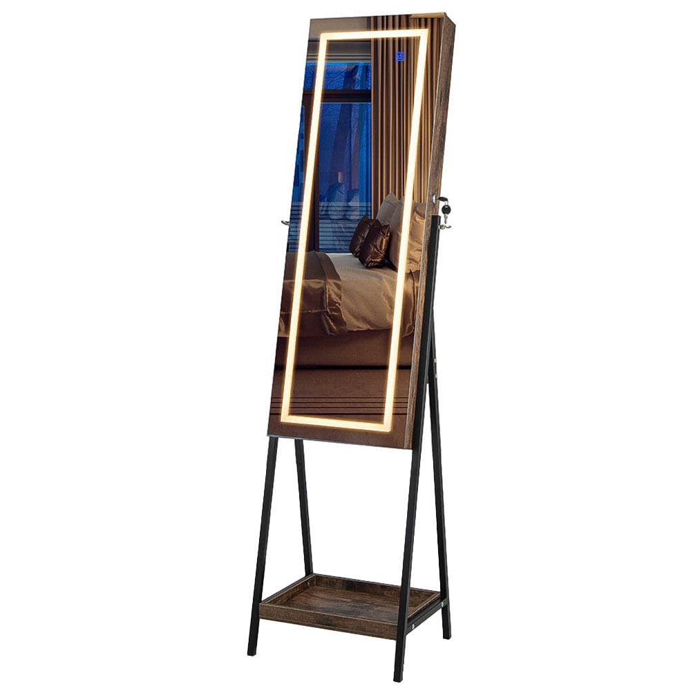 Costway Brown LED Full Length Mirror Jewellery Cabinet Image 1