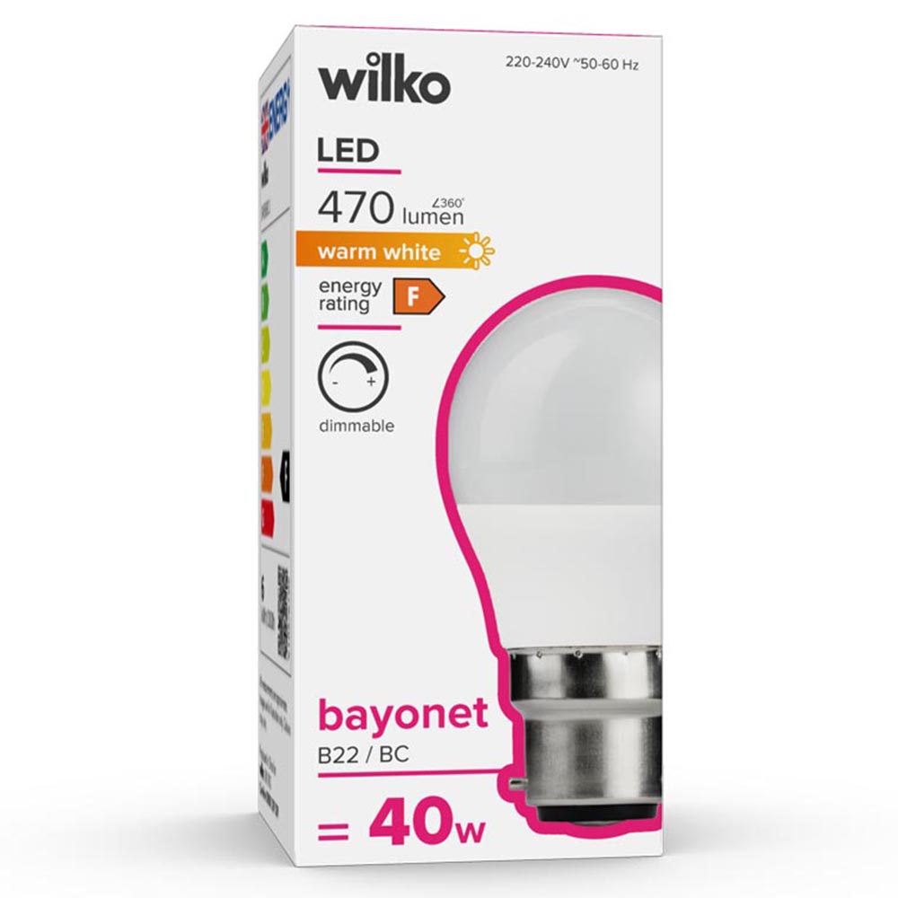 Wilko 1 pack Bayonet B22/BC LED 6W 470 Lumens Dimmable Coated Round Light Bulb Image 1