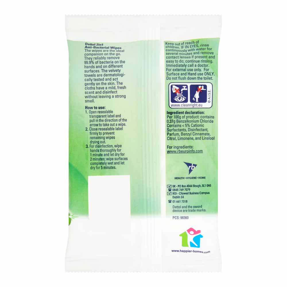Dettol 2 in 1 Antibacterial Wipes 15 Wipes Image 2