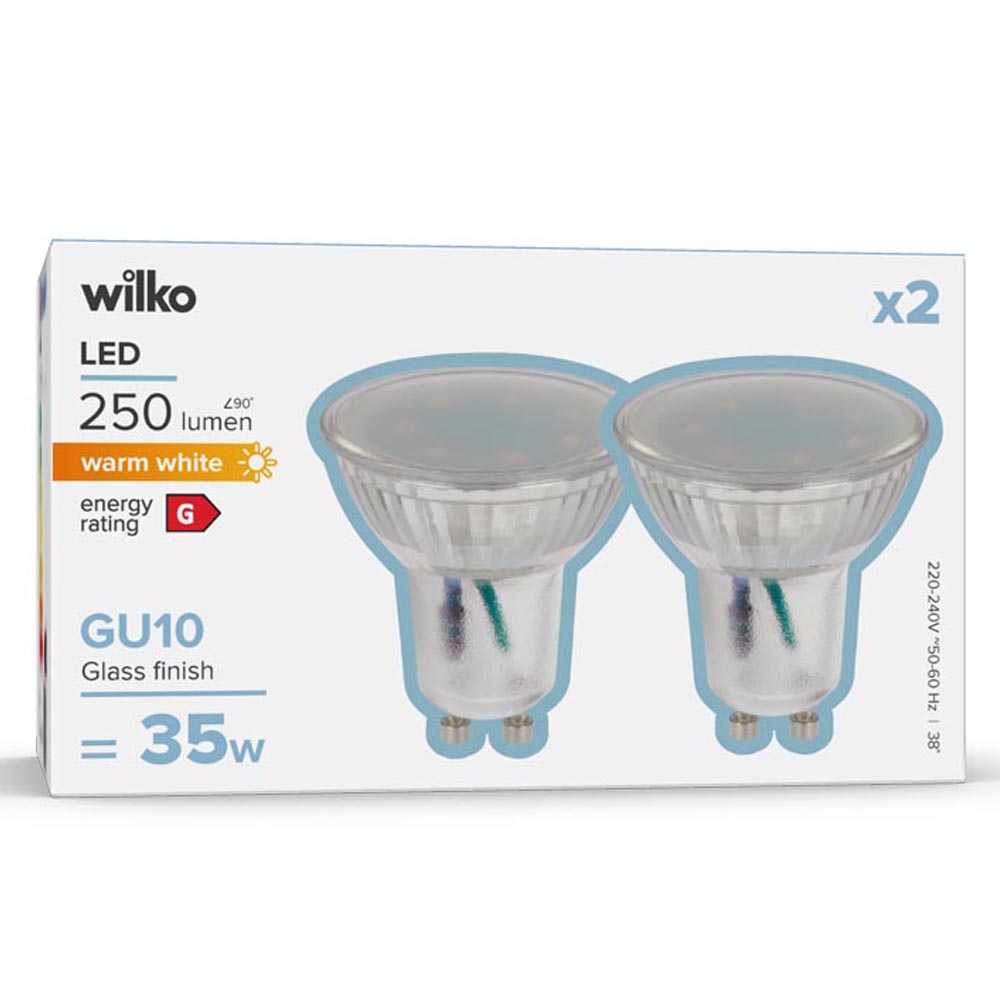 Wilko 2 Pack GU10 LED 250 Lumens Glass Spotlight Bulb Image 1