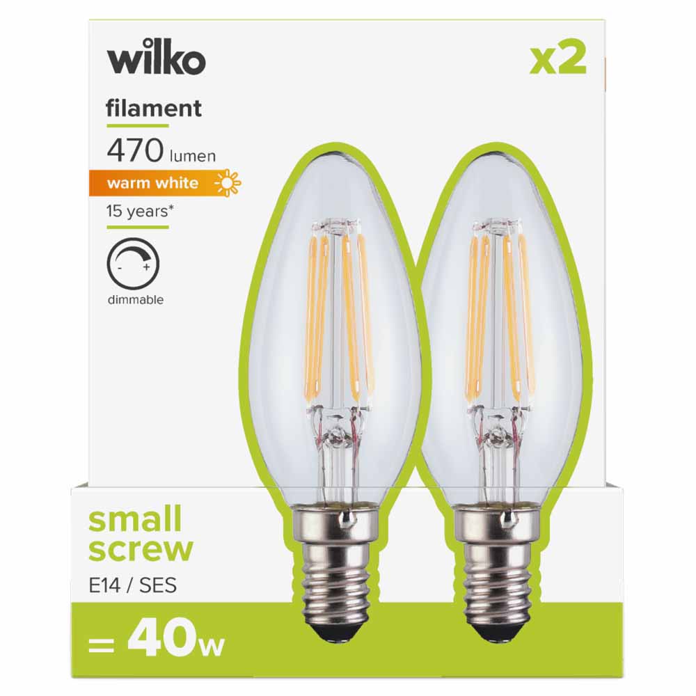 Wilko 2 pack Small Screw E14/SES 470lm LED Filament Candle Light Bulb Dimmable Image 1