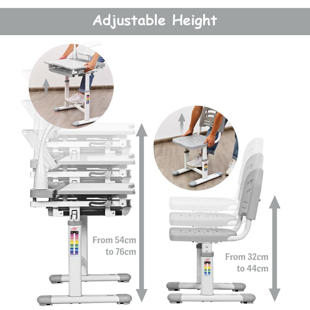Costway Grey Height Adjustable Kids Desk and Chair Set with Lamp Image 8