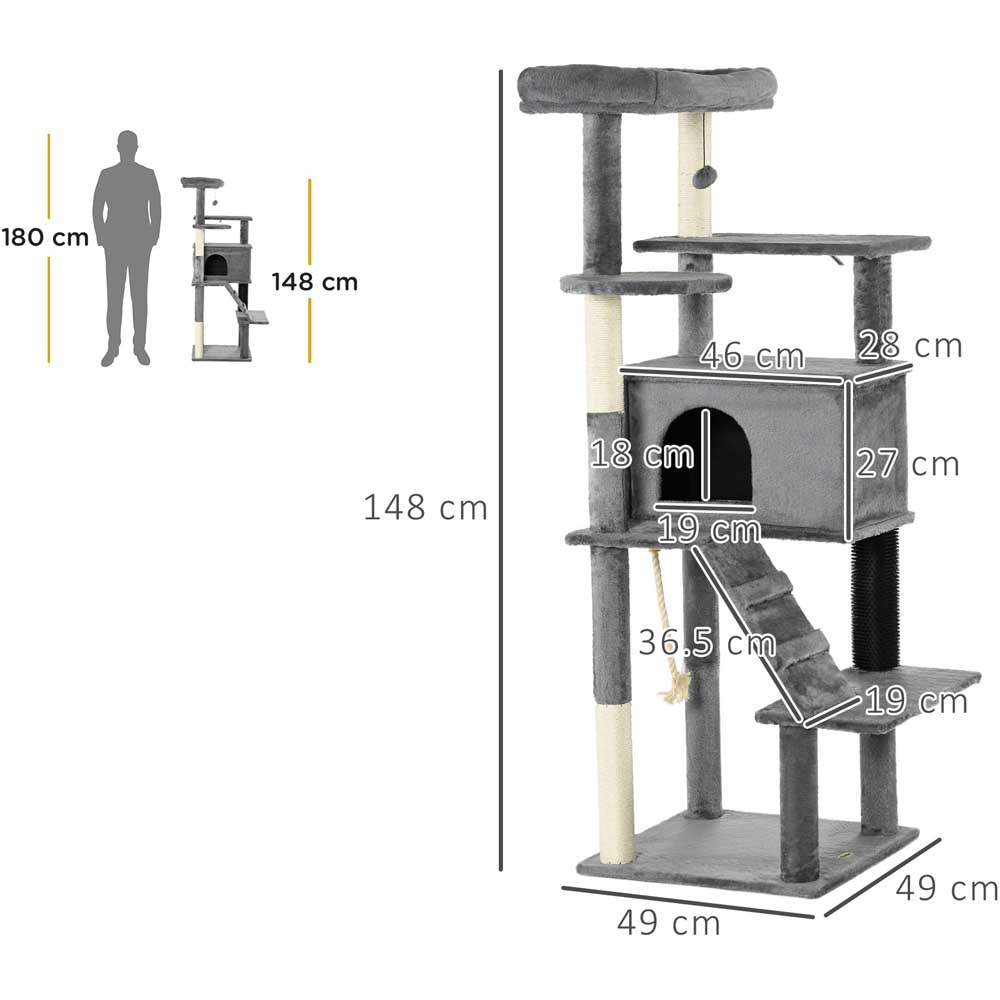 PawHut Cat Tree Tower for Indoor Cats with Scratching Post, House, Toy, Grey Image 9
