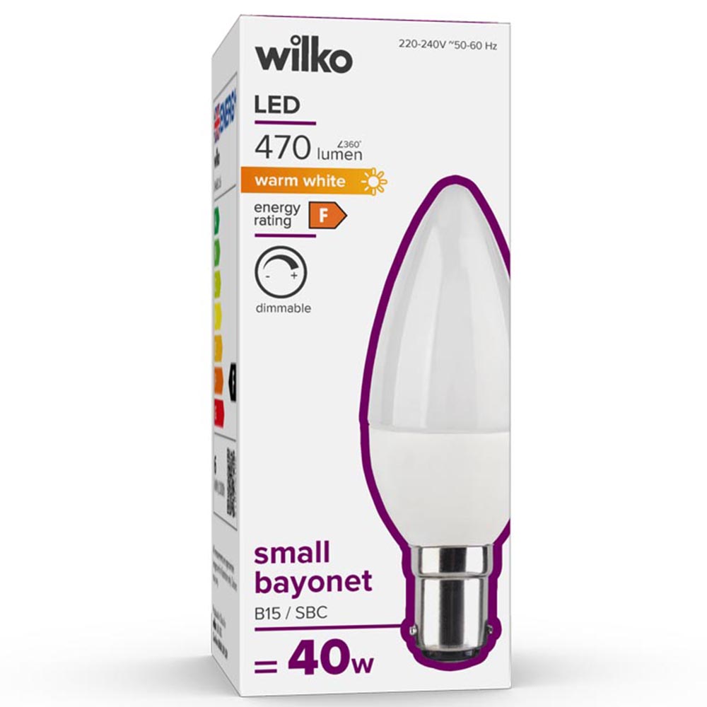 Wilko 1 pack Small Bayonet B15/SBC LED 470 Lumens Dimmable Candle Light Bulb Image 1