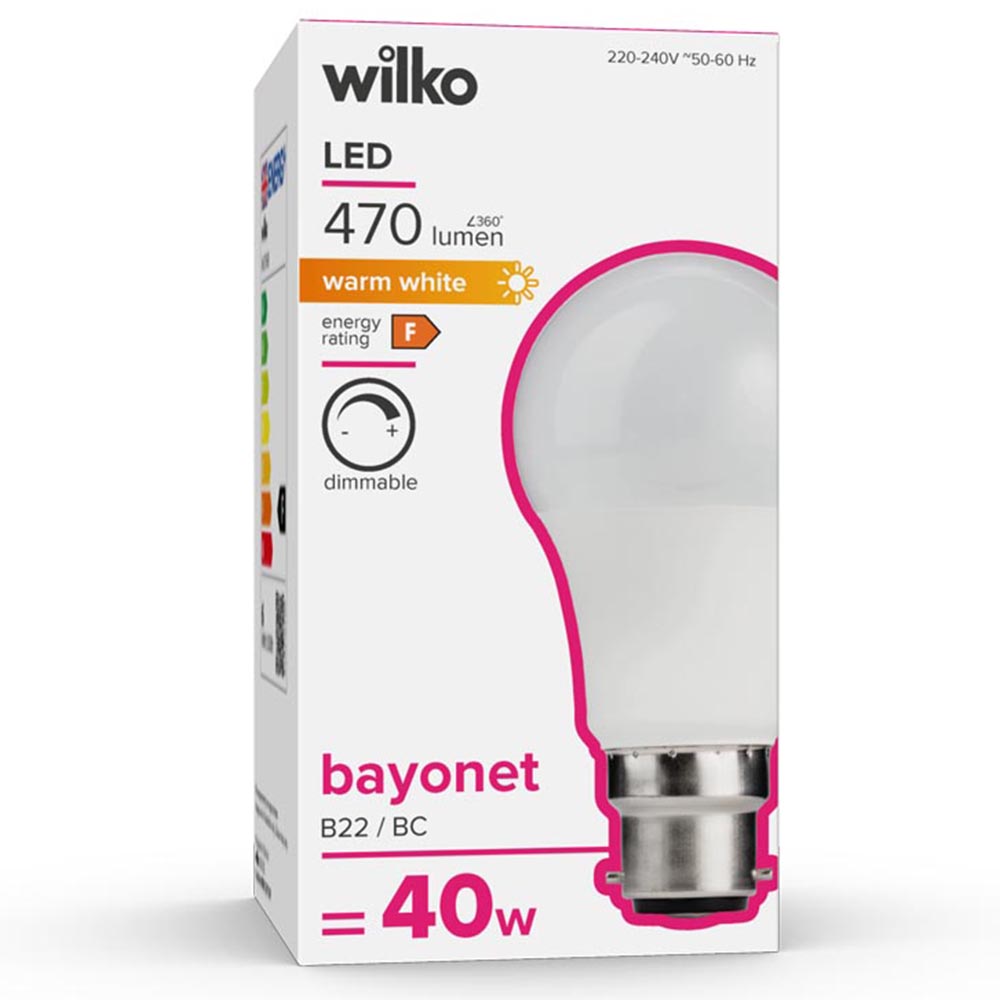 Wilko 1 pack Bayonet B22/BC LED 6W 470 Lumens Dimmable GLS Light Bulb Image 1