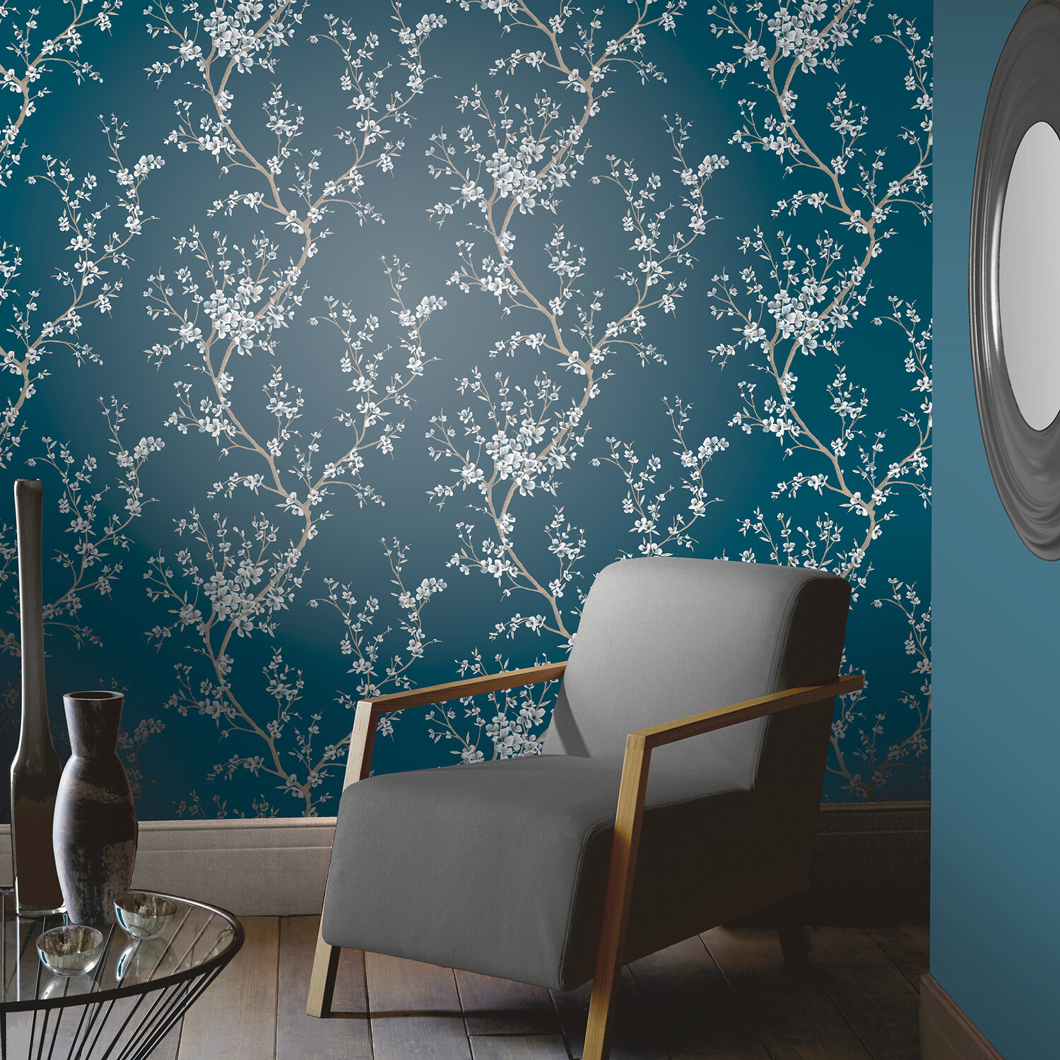 Oriental Trail Glitter Effect Wallpaper - Teal Image 2