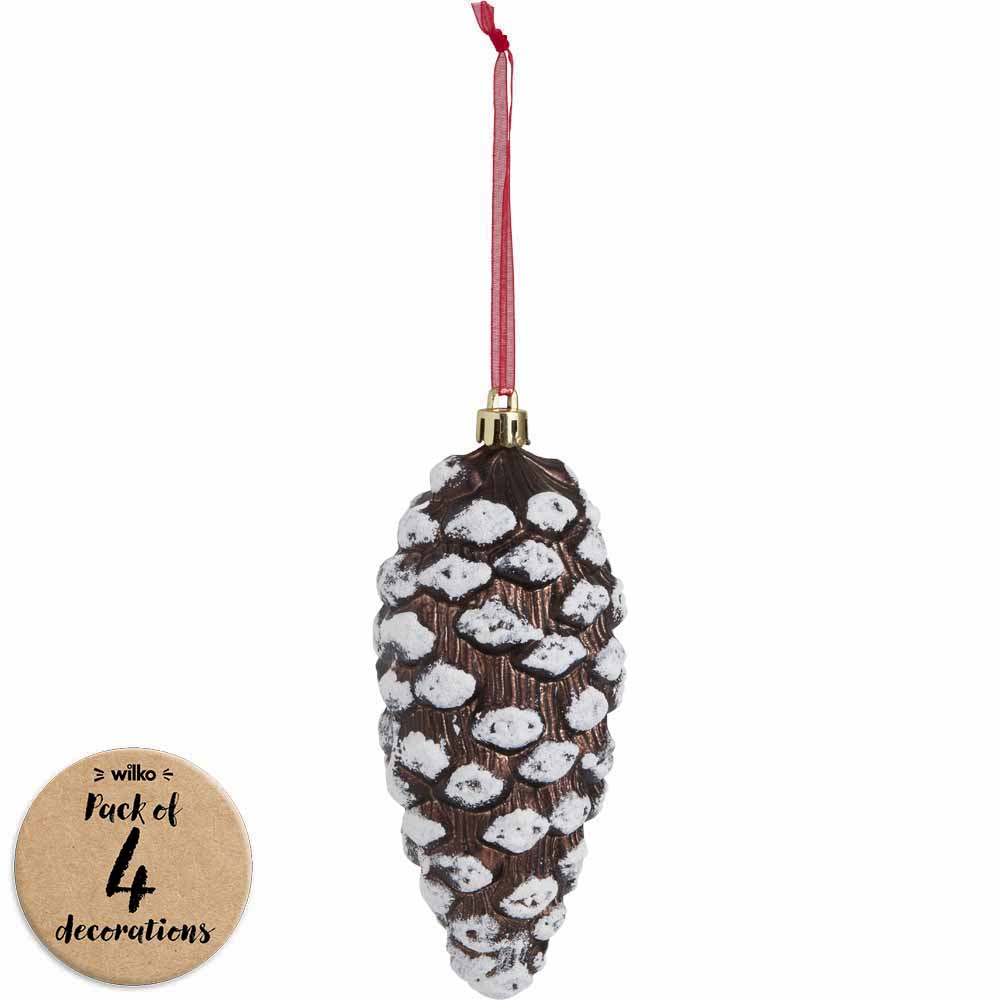 Wilko Traditional Pinecone with Snow Christmas Baubles 4 Pack Image 1