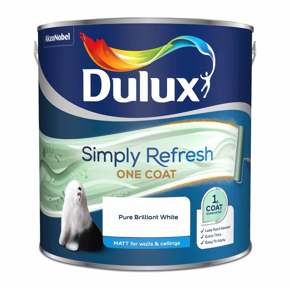 Dulux Simply Refresh One Coat Pure Brilliant White Matt Emulsion Paint 2.5L Image 2