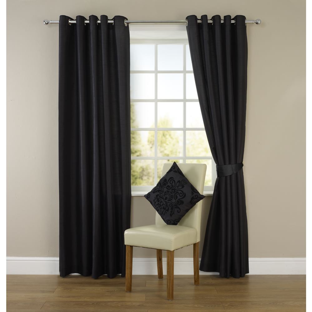 Wilko Black Faux Silk Eyelet Curtains 228 W x 228cm D Image 1