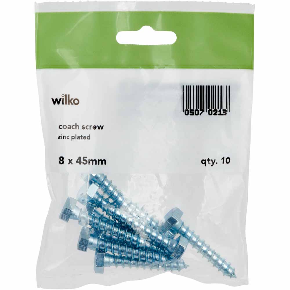 Wilko 8 x 45mm Zinc Plated Coach Screws 10 Pack Image