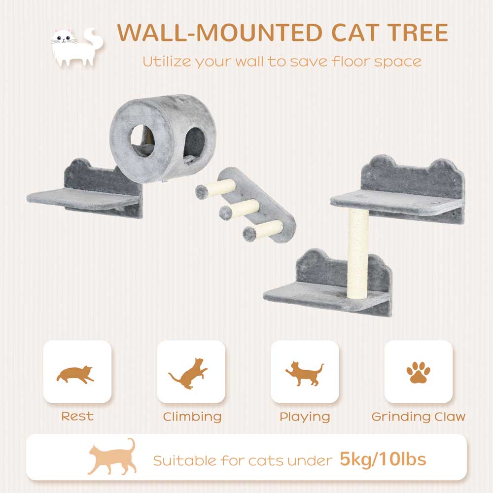 PawHut Cat Wall Furniture with Platforms, Steps, Perch, Cat House - Grey Image 8