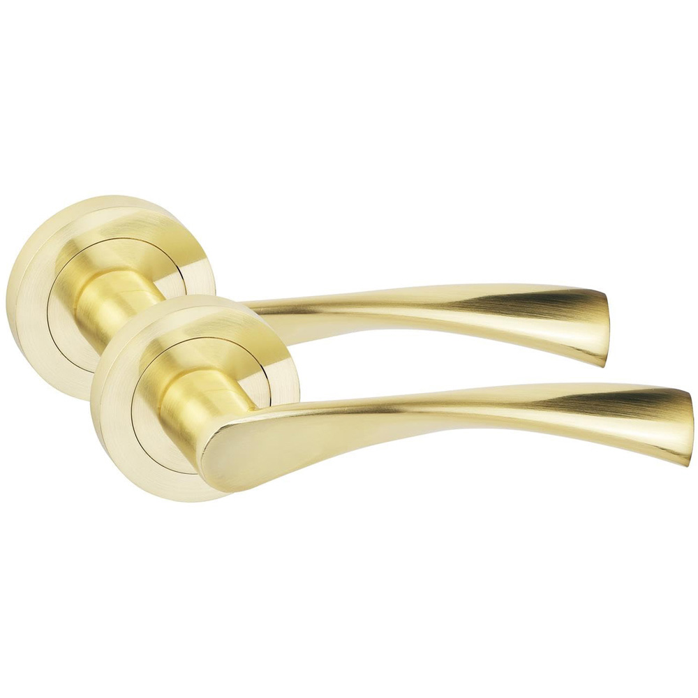 Golden Grace Satin Brass Astrid Door Handle Set with Spindle and Fixing Image 1