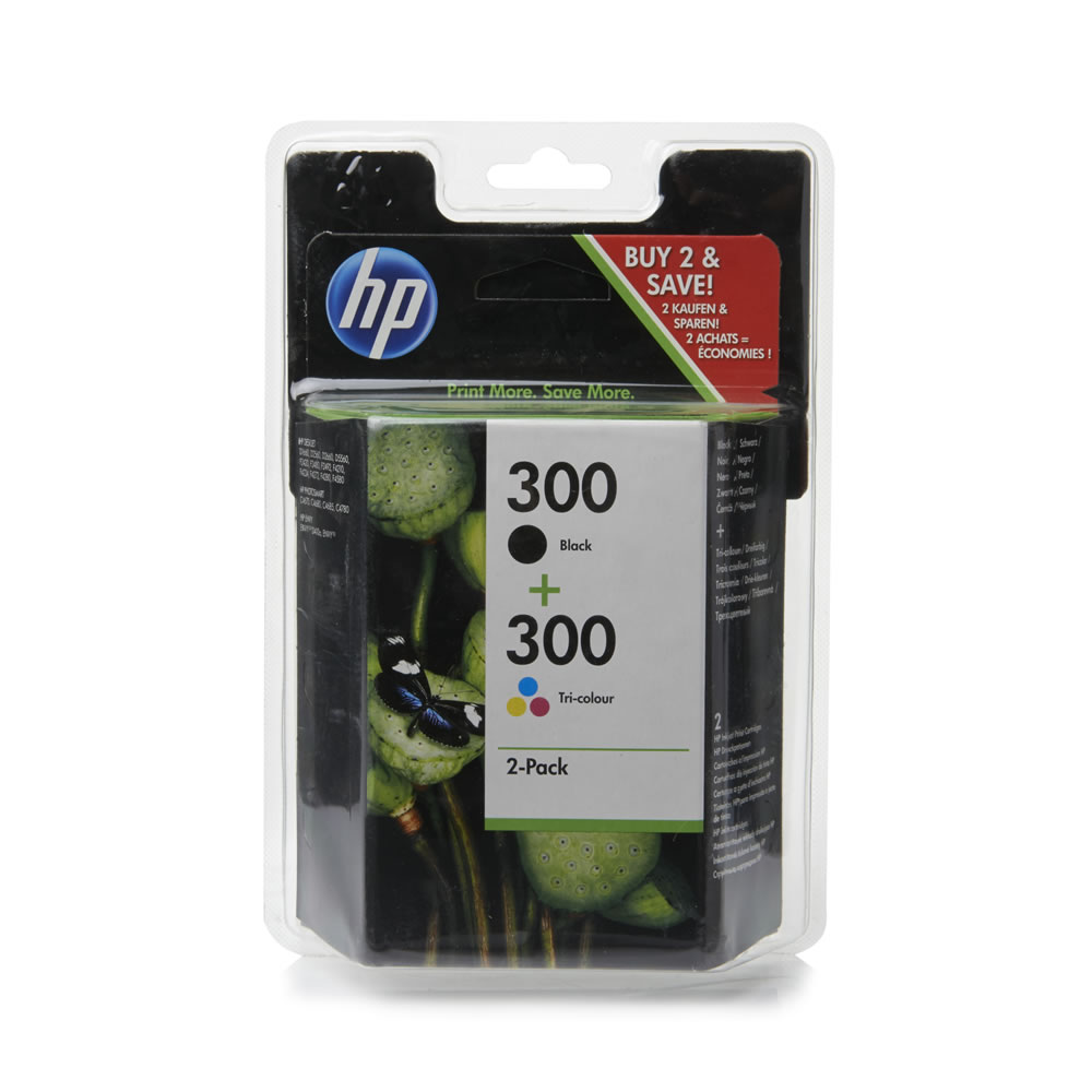 HP 300 Black and Tri Colour Ink Cartridge Multipack  - wilko Pack contains 2x inkjet cartridges,. 1x tricolour  1x black. HP 300 Combo-pack Black/Tri-colour Ink Cartridges. For use in F2480 and ENVY 100e printers. Approximate page yield: 200. OEM: CN637EE. . HP 300 Black and Tri Colour Ink Cartridge Multipack