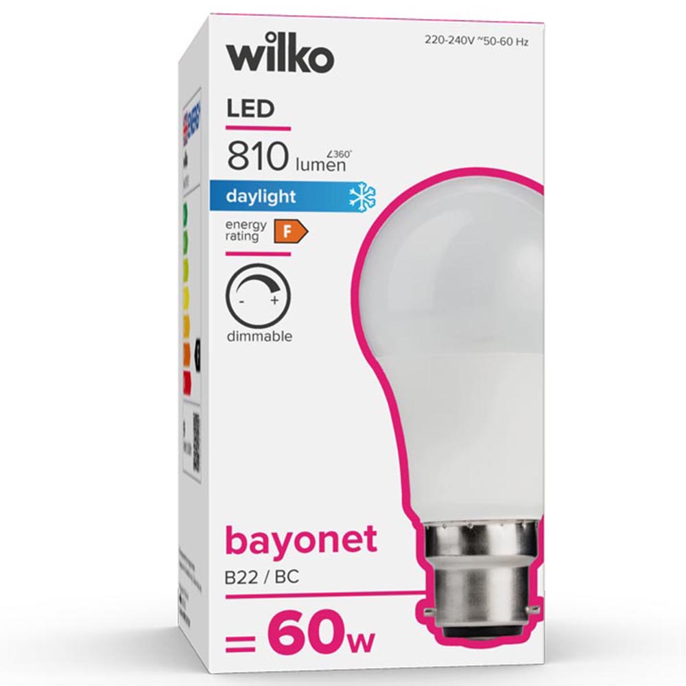 Wilko 1 pack Bayonet B22/BC LED 810 Lumens Dimmable Daylight GLS Light Bulb Image 1