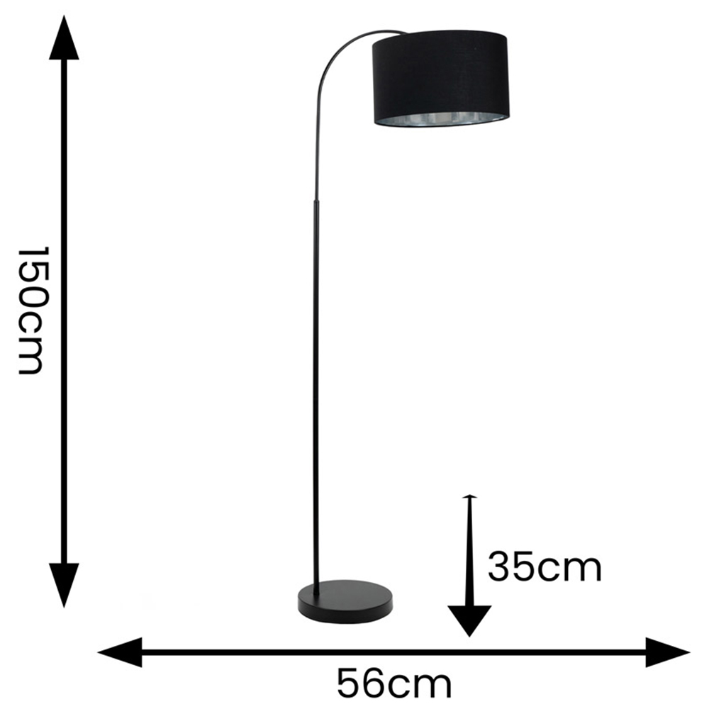 ValueLights Curva Black Velvet Drum Shade Black Arched Floor Lamp Image 4
