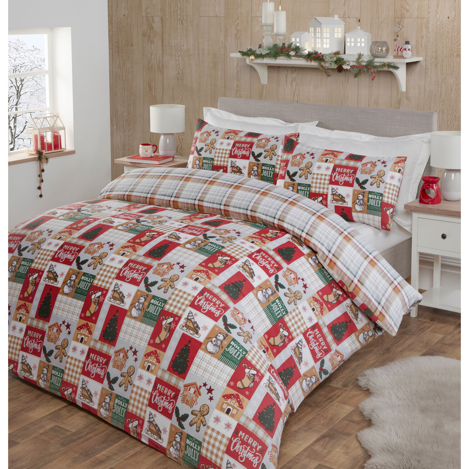 Gingerbread Patchwork Duvet Cover and Pillowcase Set - Red / Single Image 3