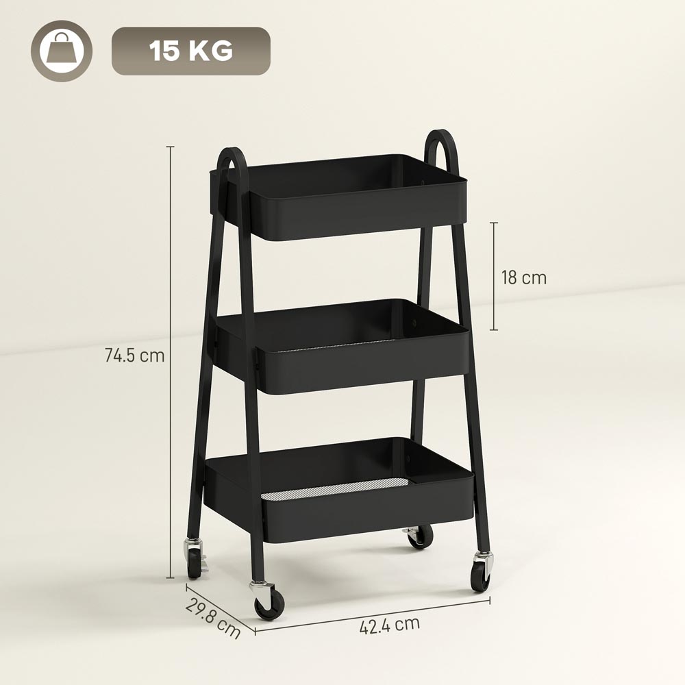 HOMCOM 3-Tier Black Kitchen Storage Trolley Image 9