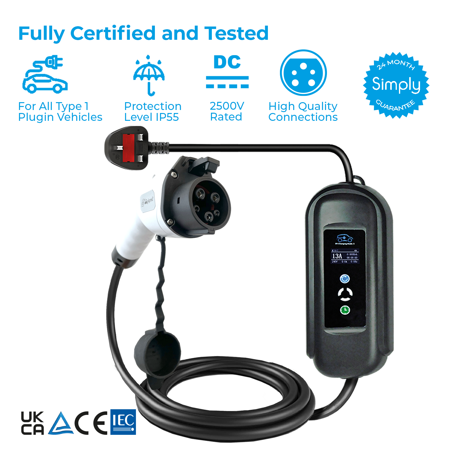 Adjustable Electric Vehicle Charging Cable - UK 3Pin to Type 1 Image 2