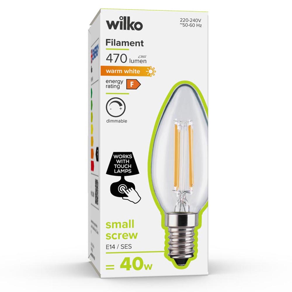 Wilko Small Screw E14/SES 470lm LED Filament Candle Light Bulb Dimmable Touch Image 1