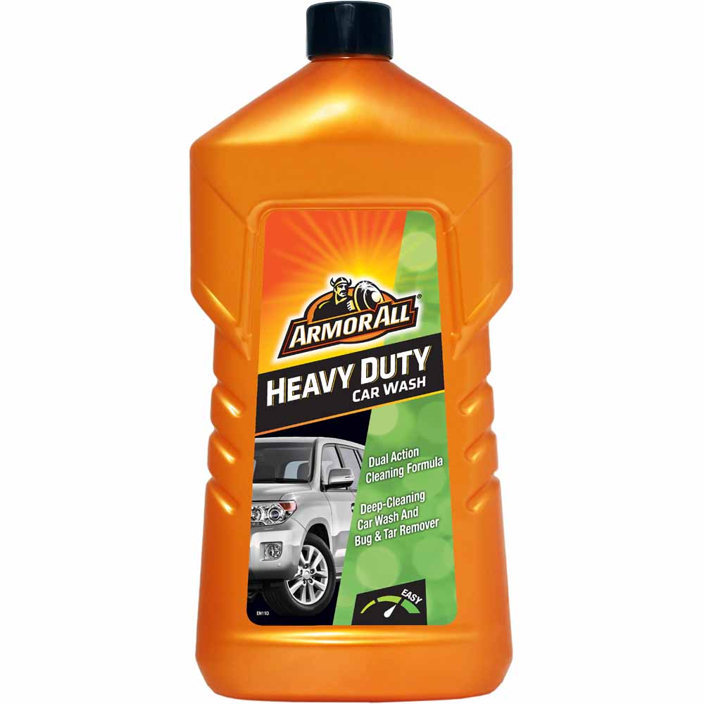 Armor All Heavy Duty Wash 1 Litre  - wilko Give a thorough cleansing to your car with this heavy-duty wash by Armor All. The one little cleaner is specially formulated for tough action cleaning on stubborn dirt even in cold water. It swiftly combines a deep-cleaning car wash with a safe and effective tar and bug remover that gets you through the toughest cleaning. Like other washing up liquids, it does not strip wax or leave a soapy residue, allowing you to achieve a nice shiny finish. Safe for all automotive finishes, it offers a perfect way to keep your automobiles clean and shining. Directions: 1. Rinse car to remove excess dirt and grime. 2. Add Armor all heavy-duty car wash as required; regular wash: pour 30ml (three caps) into a bucket and mix thoroughly with cold water. Heavy-duty wash: pour 60ml (six caps) into a bucket and mix thoroughly with cold water. Removing stubborn spots and stains: Apply the undiluted product directly, or with a sponge, onto spots. Allow it to penetrate for 3 – 5 minutes. Wash, rinse and dry car. 3. Wash the car in sections with a sponge, cloth or towel. 4. Rinse car immediately and dry with a soft clean cloth, towel or chamois leather.