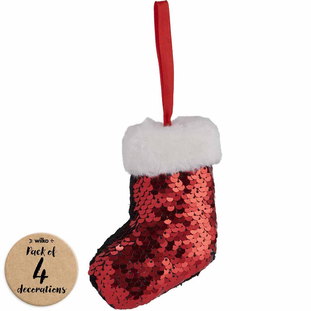 Wilko Traditional Sequin Stocking Christmas Baubles 4 Pack Image 1
