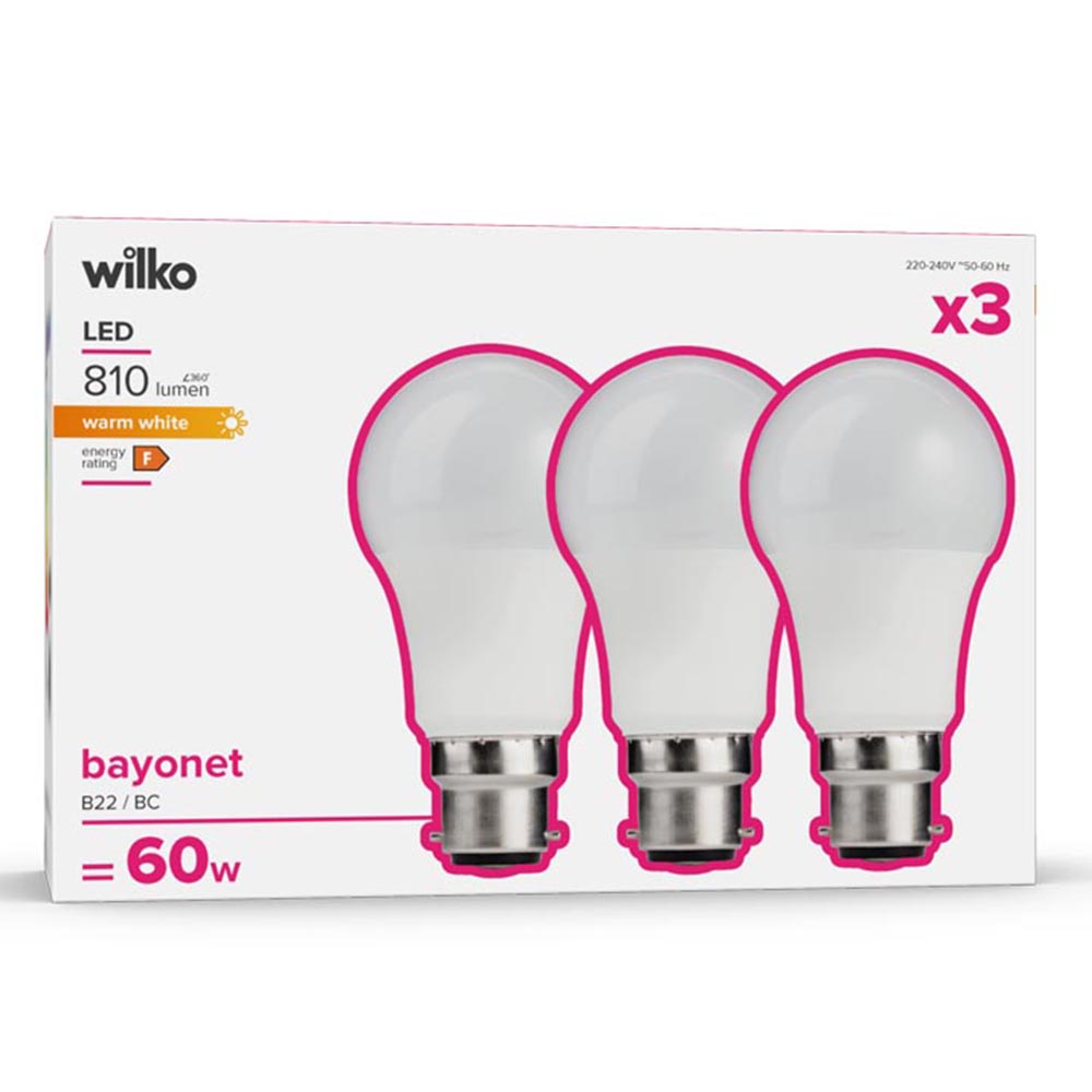 Wilko 3 Pack Bayonet B22/BC LED 810 Lumens Light Bulb Image 1